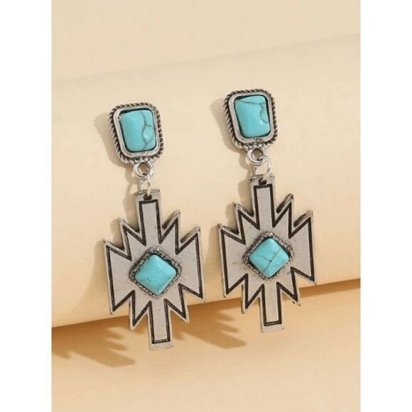 WESTERN BOHO SILVER TURQUOISE CROSS DANGLE EARRINGS - Picture 1 of 4